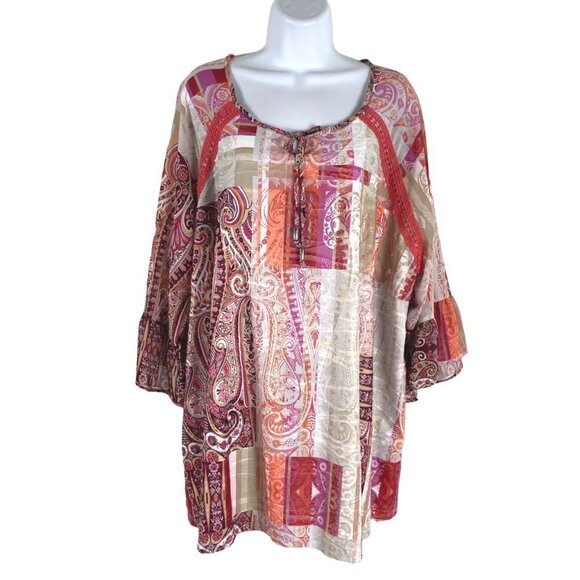 Catherines Tunic Top 2X Paisley Patchwork‎ Bell Sleeve Tie Neck Boho TP-2324 - Picture 3 of 9